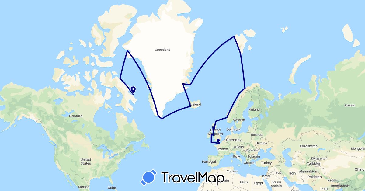 TravelMap itinerary: driving in Canada, France, United Kingdom, Greenland, Ireland, Iceland, Norway (Europe, North America)
